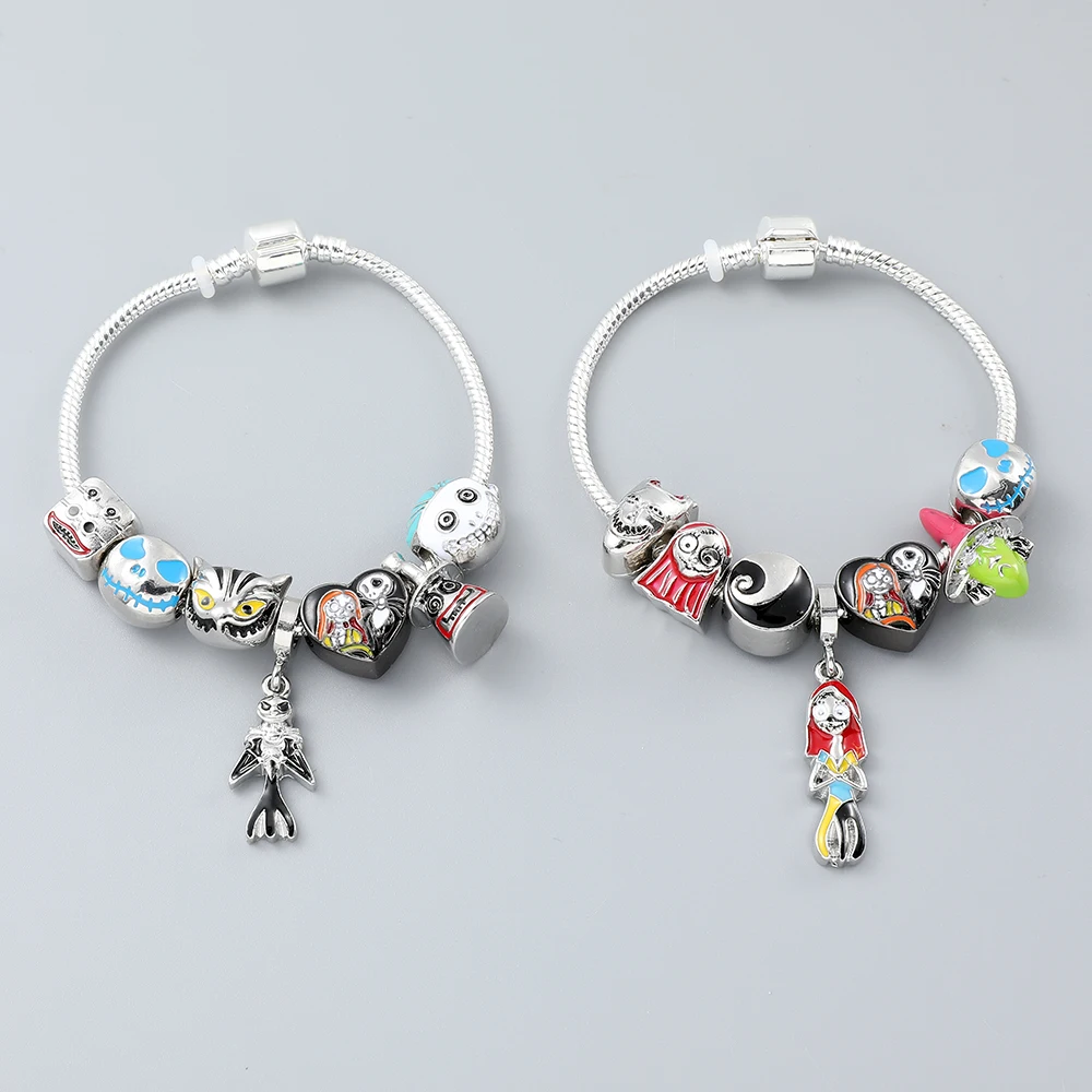 The Nightmare Before Christmas Bracelets Jack Skellington and Sally Pendant Bangle Disney Charm Bracelet for Women Jewelry