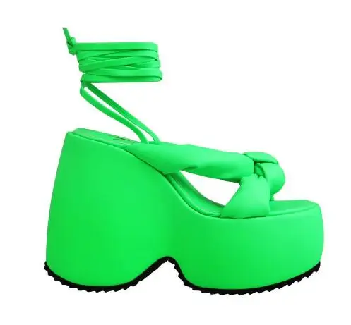 Hot Pink Green Leather Cross Tied Thick Sole Platform Summer Wedge Sandals Ladies Bow Tie Ankle Wrap High Heel Leisure Shoes