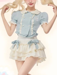 Japanese Lolita Kawaii Two Piece Set Women Korean Sweet Cake Skirt Suit Female Cute Puff Sleeve Blouses ＋ Blue Mini Skirt Summer