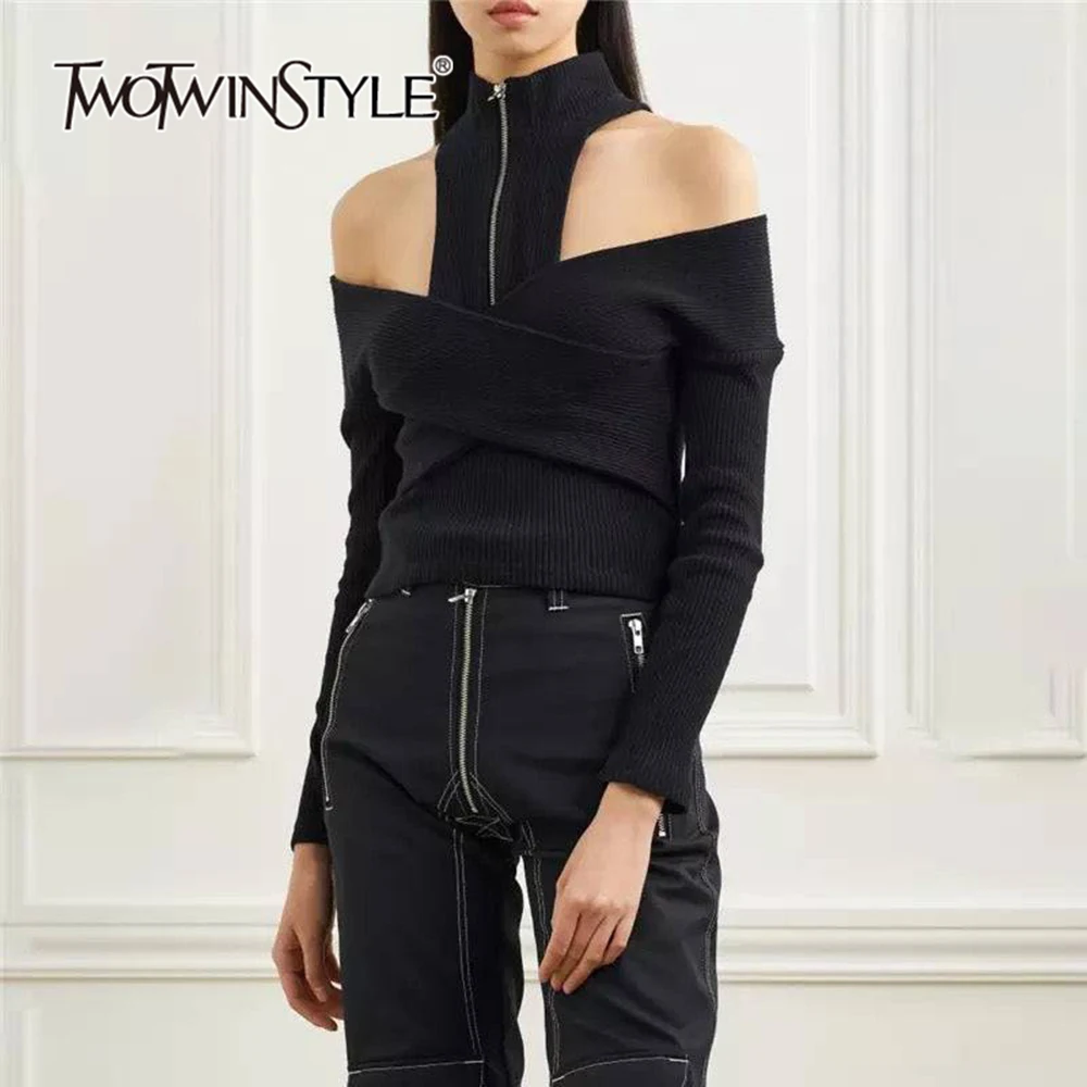 

TWOTWINSTYLE Solid Slimming Patchwork Zipper Sweater For Women Turtleneck Long Sleeve Off Shoulder Temperament Sweaters Female