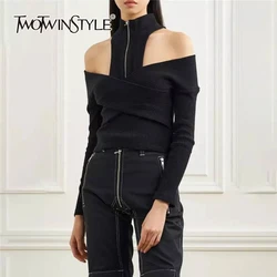 TWOTWINSTYLE Solid Slimming Patchwork Zipper Sweater For Women Turtleneck Long Sleeve Off Shoulder Temperament Sweaters Female