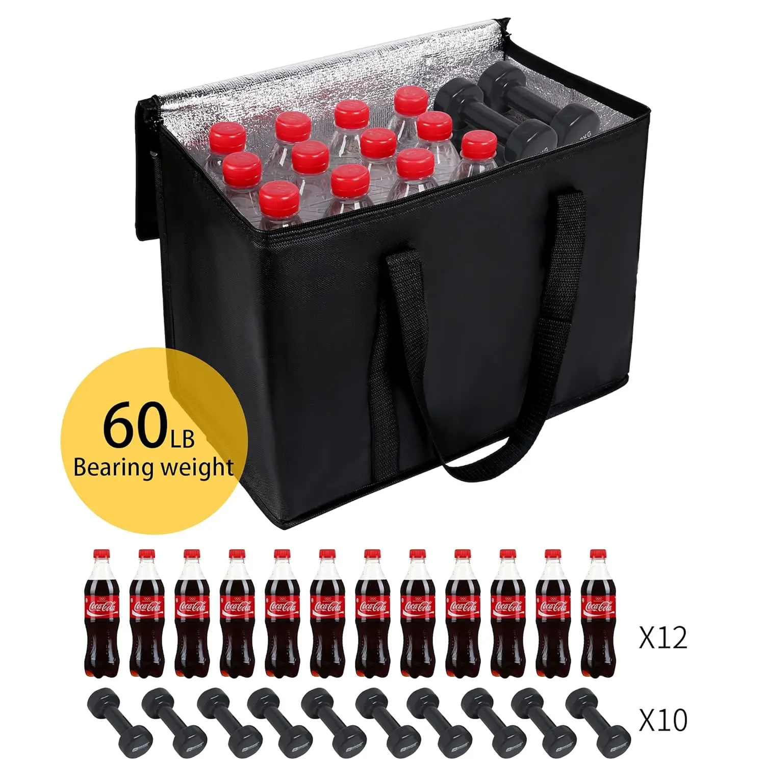 Sacs d'épicerie isothermes noirs, poète, fermeture éclair thermique, fourre-tout pliable, glacière, transport de nourriture, 2 paquets, XL-Large