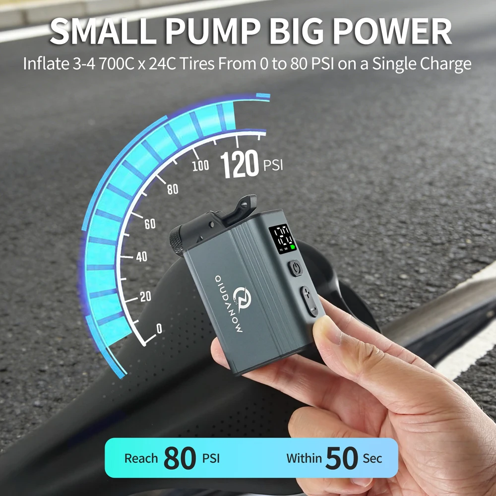 QIUDANOW Mini Electric Bike Portable Air Inflator Tire Gauge Wireless Air Pump Schrader Presta Clik Valve Bicycle Accessories