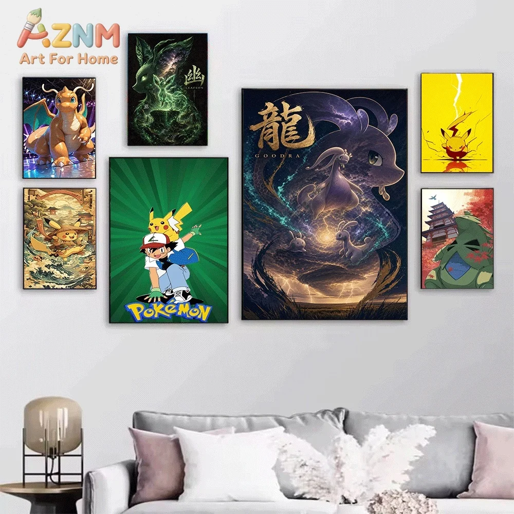 Anime Pokemon Squirtle Water Swirl Effect Canvas Wall Art, Water‑type Pocket Monster Cartoon Frameless Canvas Painting for Kid