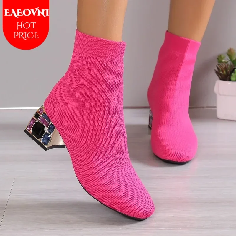 Women Hot Sale High Heels Short Boots 2024 Winter Designer Square Toe Mesh Breathable Stretch Sock Boots Slip on Platform Shoes