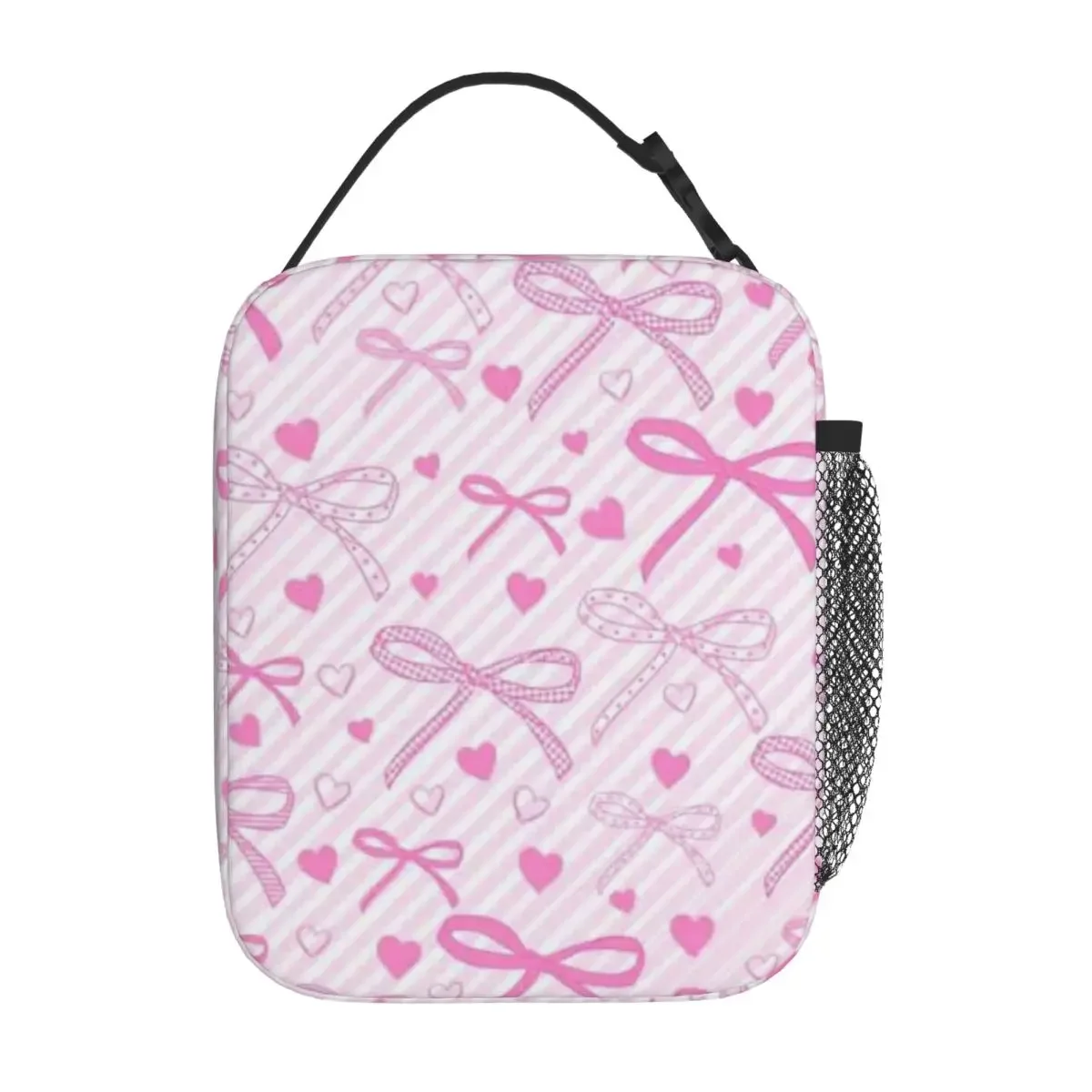 Bestselling Coquette Pink Bows And Hearts Pattern Fruit Print Student Lunch Bag Weekend Getaway Sports Lunch Bag