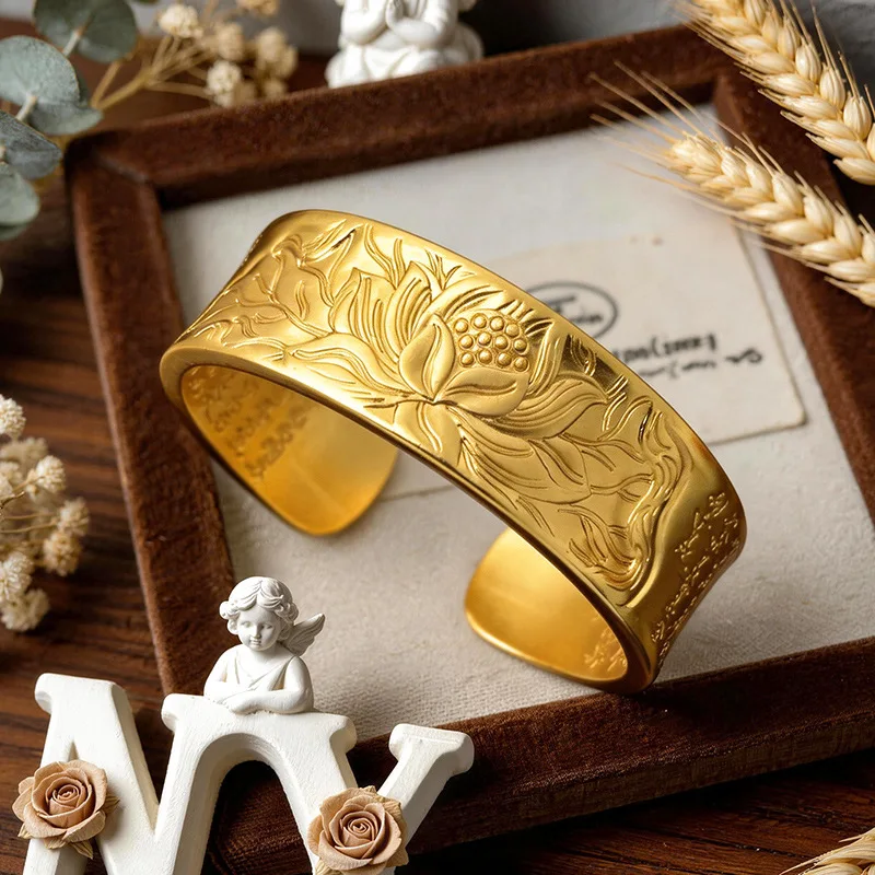 

Premium Craft 20mm Wide Lotus Open Bangle For Women 24K Gold AU999 Fine polishing keeps texture firm and durable for long wear