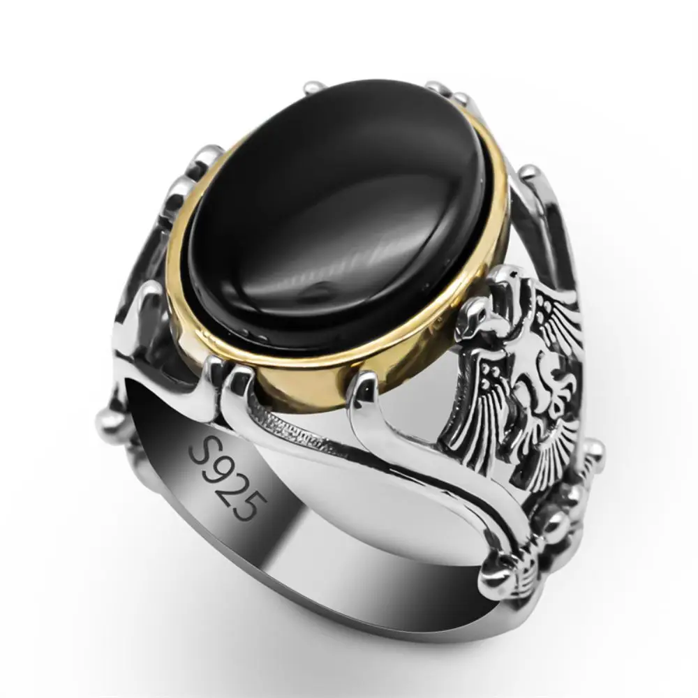 

Wholesale Genuine 925 Sterling Silver Ring Natural Black Stone Handmade Vintage Turkish Unisize Adjustable Silver Mens Ring