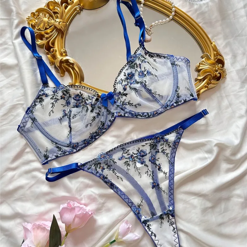 Exotic Fairy Lingerie PushUp Bra Embroidered Tulle Sheer Mesh 3Piece Transparent Intimate Wear for Women - Image 3