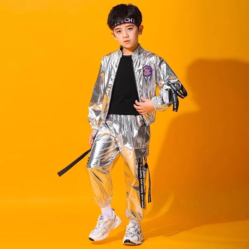 Hip Hop Boys Silver Jacket Girls Jazz Jogger Pants Street Dance Mini Skirt Clothes Sets Kids Sequin Costumes Child Streetwear