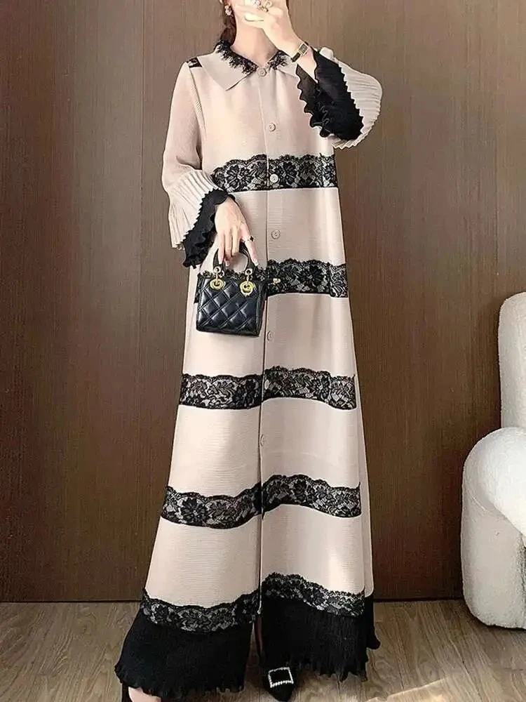 

Miyake Summer New 2025 Elegant Ladies Long Dresses Pleated Lace Dress Women's Lapel Full Open Collar Single-breasted Retro Style