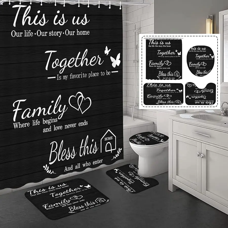 

4Pcs Family Shower Curtain Sets with Non-Slip Rugs, Toilet Lid Co er and Bath Mat, Black Home Bathroom Decor Set Accessories Wat