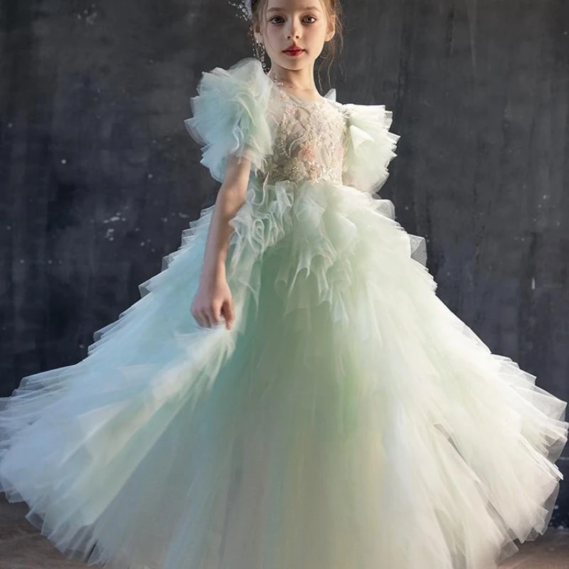2026  Formal Dress Costume PrincessNew Green Children Girls Gown Fashion Birthday Evening Cute Performance Kids Pageant Outfit