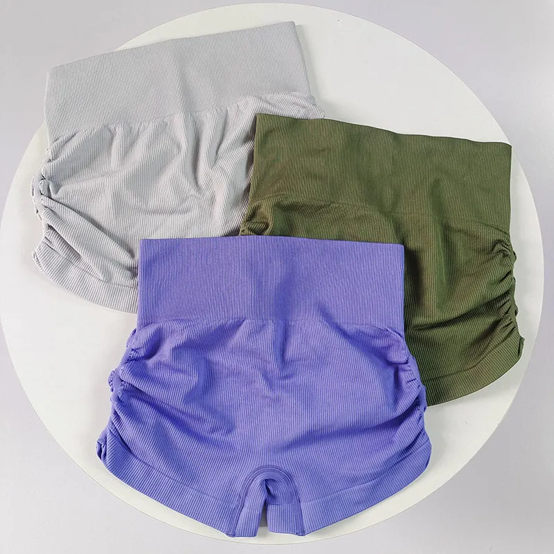 Ladies European Style Ruched Side 3-Point Yoga Shorts High Waist Tight Breathable Gym Shorts