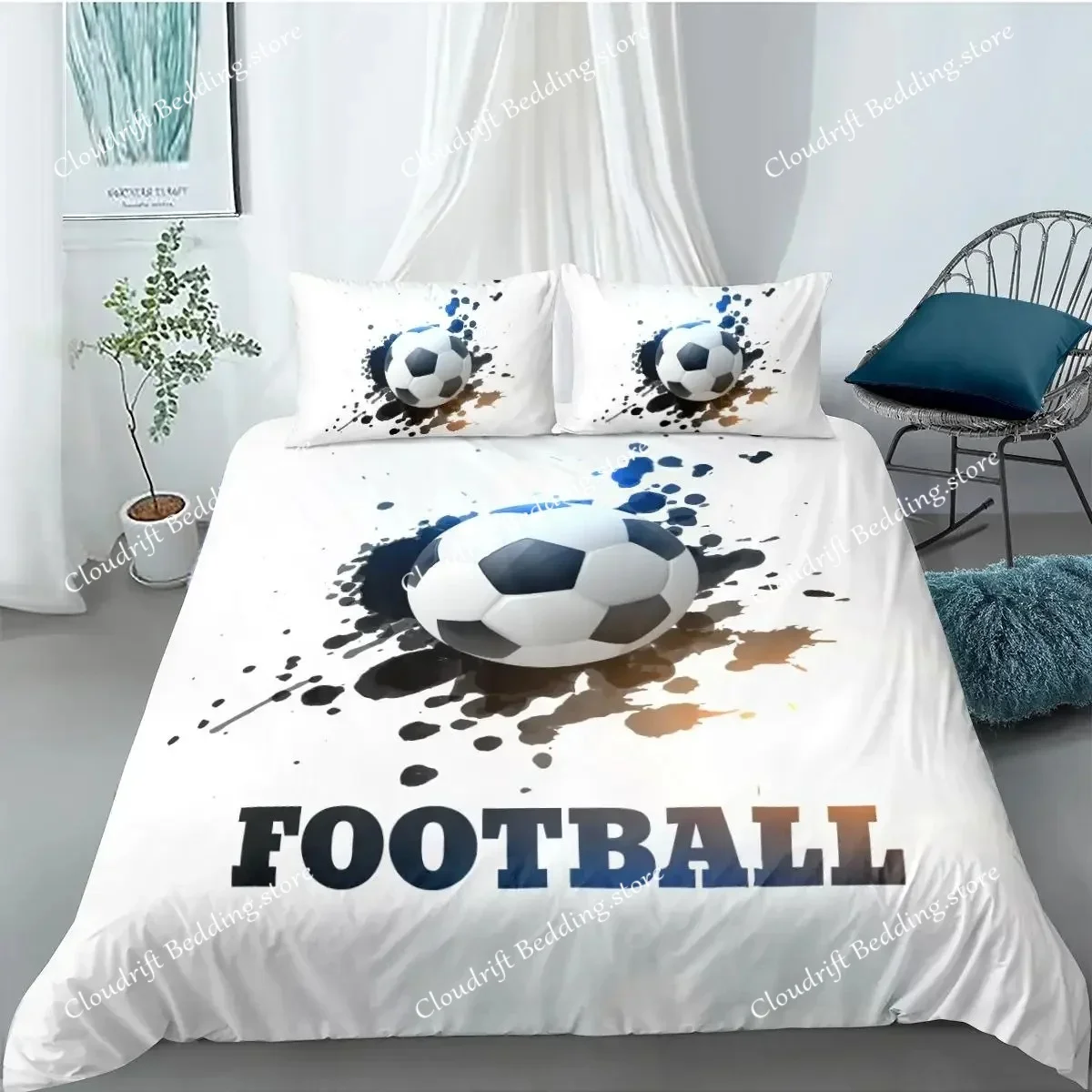 Soccer Duvet Cover Set FootBall and Old Plaster Wall Damage Destruction Punching Bedding Set Teens Queen Polyester Quilt Cover