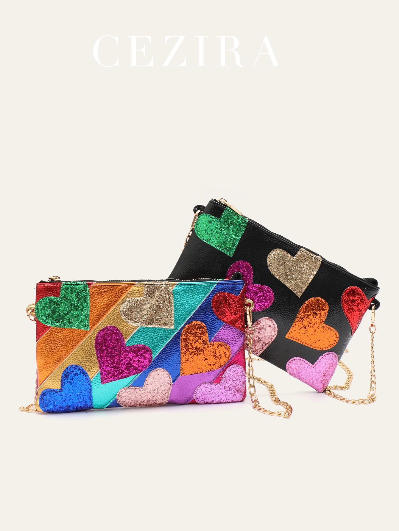 Women Fashionable Shiny Sequins PU Leather Patchwork Clutch Bag Colorful Heart shaped Applique Zip Handbag Long Chain Date Party