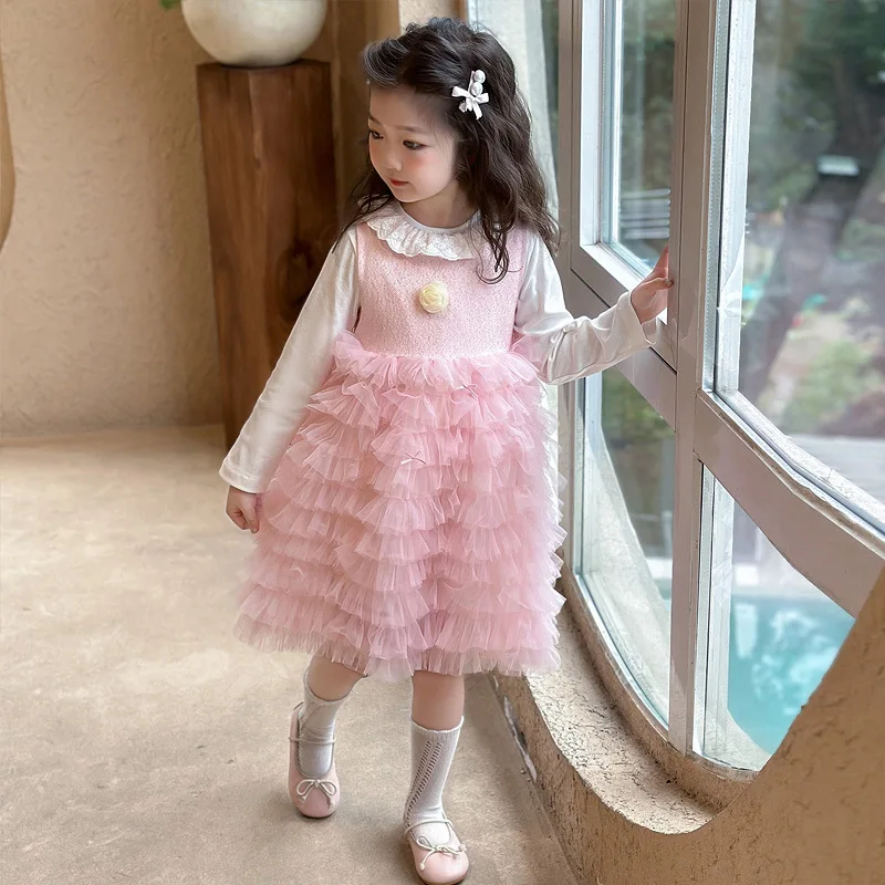 

Girls' Spring and Autumn Dress Baby Girl Stylish Vest Cake Mesh Princess Dress Two-Piece Set2025New