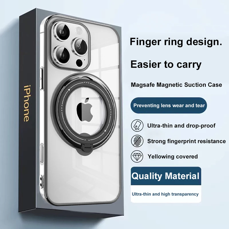 For iPhone16 Pro Max ,16 Plus Case Magnetic Transparent Soft TPU Plating Bracket Ring Back Holder Lens Protection Cover for iP16 image 5