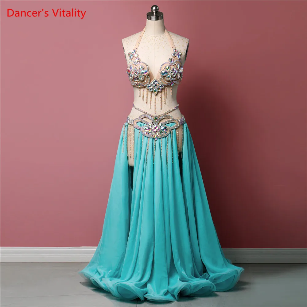 Belly Dance New Performance Costume Sexy Double Split Long Skirt Nude Flash Diamond Suit High-end Custom Summer