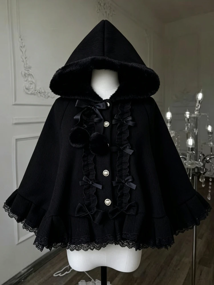 New Women Winter Hooded Short Cape Black Faux Fur Hood Lining Ruffle Lace Edge Bow Button Front Cloak for Dress Matching Fashion