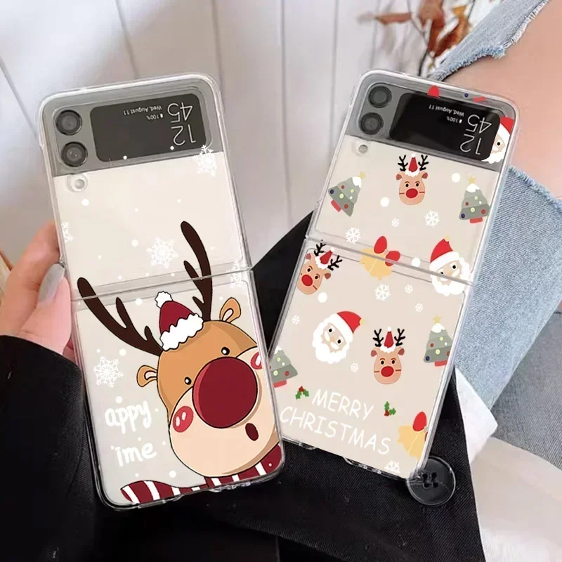 Christmas Gift Phone Case for Samsung Galaxy Z Flip 6 5 4 5G Clear Cover ZFlip5 Flip6 3 Reindeer Santa Cover Shell Fundas Skins