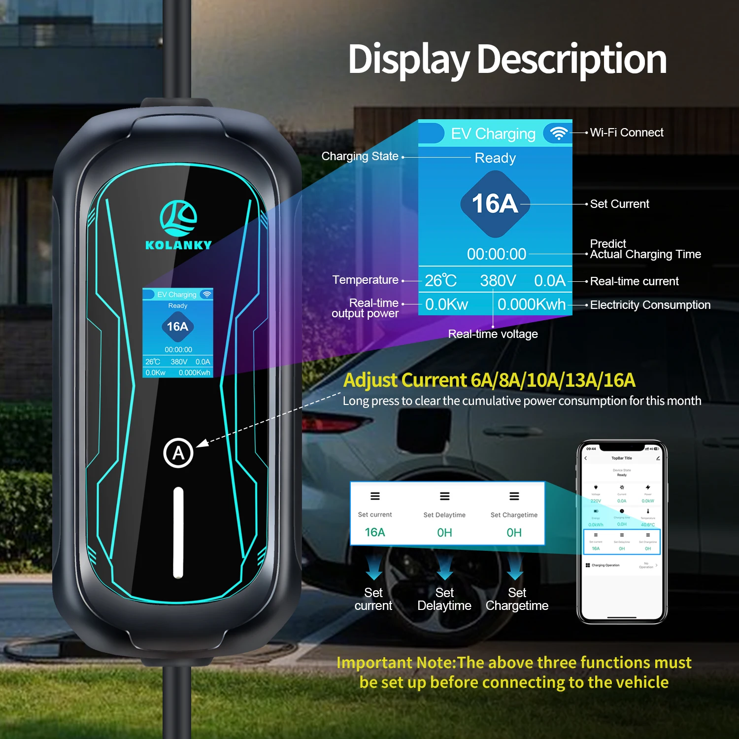 Kolanky Mobile EV Charger Type 2 Adjust 16A 11KW  Via Tuya App Time Delay Set  Charging Time For Electric Vehicle Hybrid Cars 5M