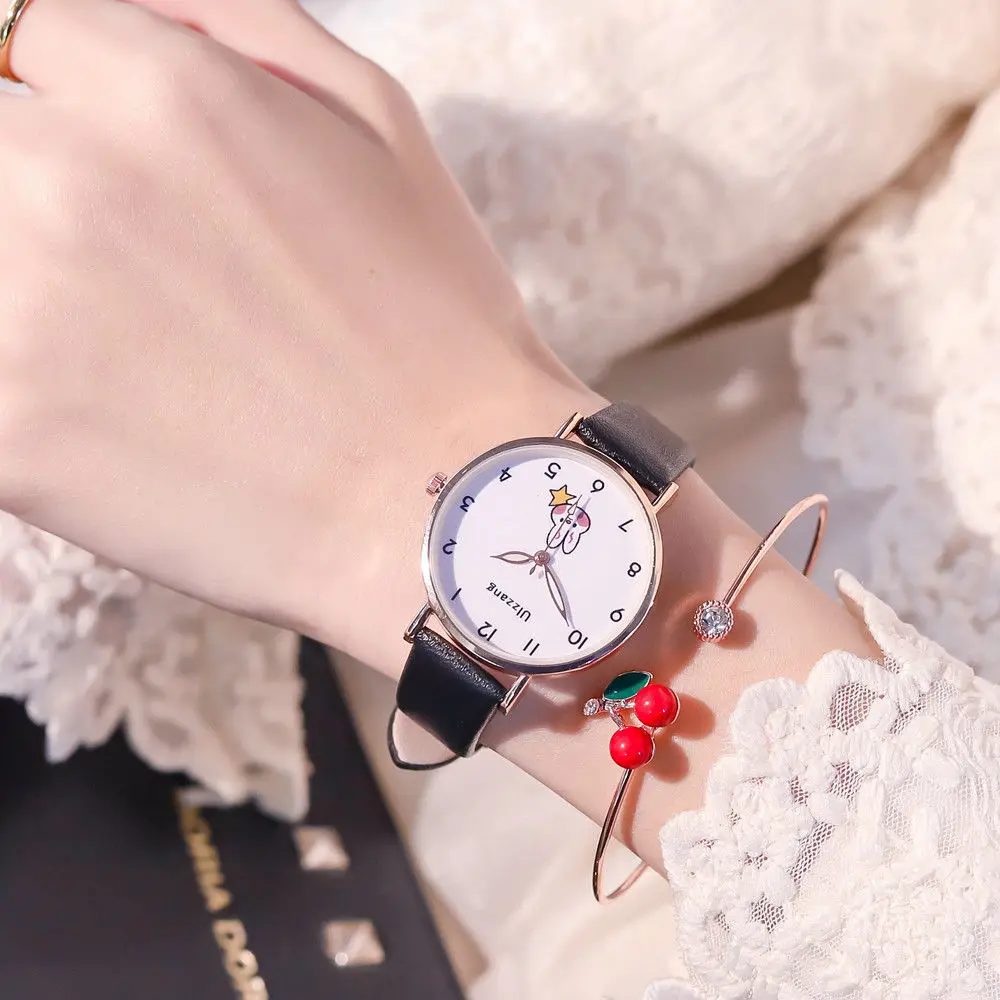 Girls Watch Set with Bracelet Cute Little Girl Student Rabbit Dial Leather Quartz Luminous Analog Children Watches Birthday Gift