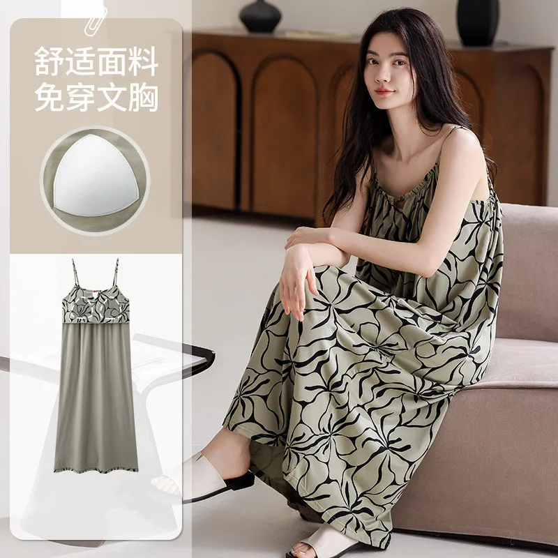 

Chest Pad Sexy Long Dresses New Printed Summer Sling Nightdress For Women Nightie Oversize Bra Nightgowns Female Sleep Shirt