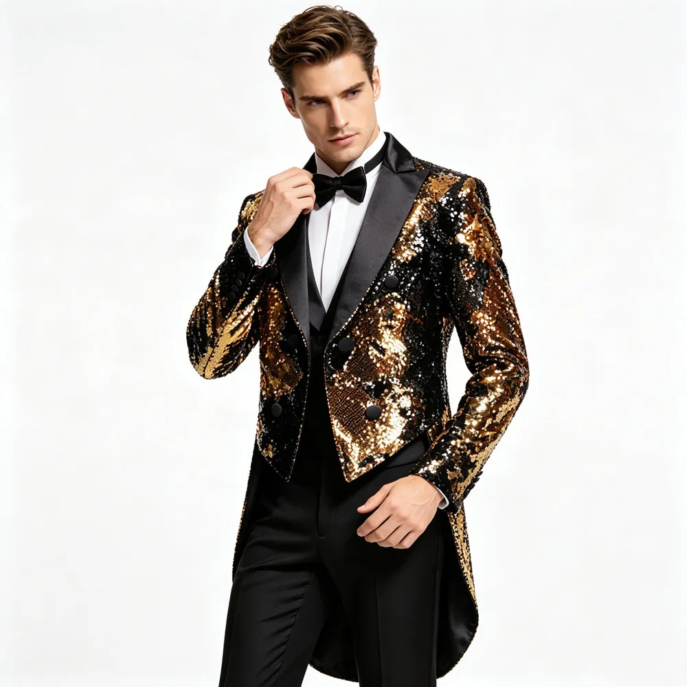 

Men's Sequin Tailcoat Shiny Double Sided Color Swallowtail Coat Wedding Suit Jackets Singer Host Stage Festival Party Tuxedo