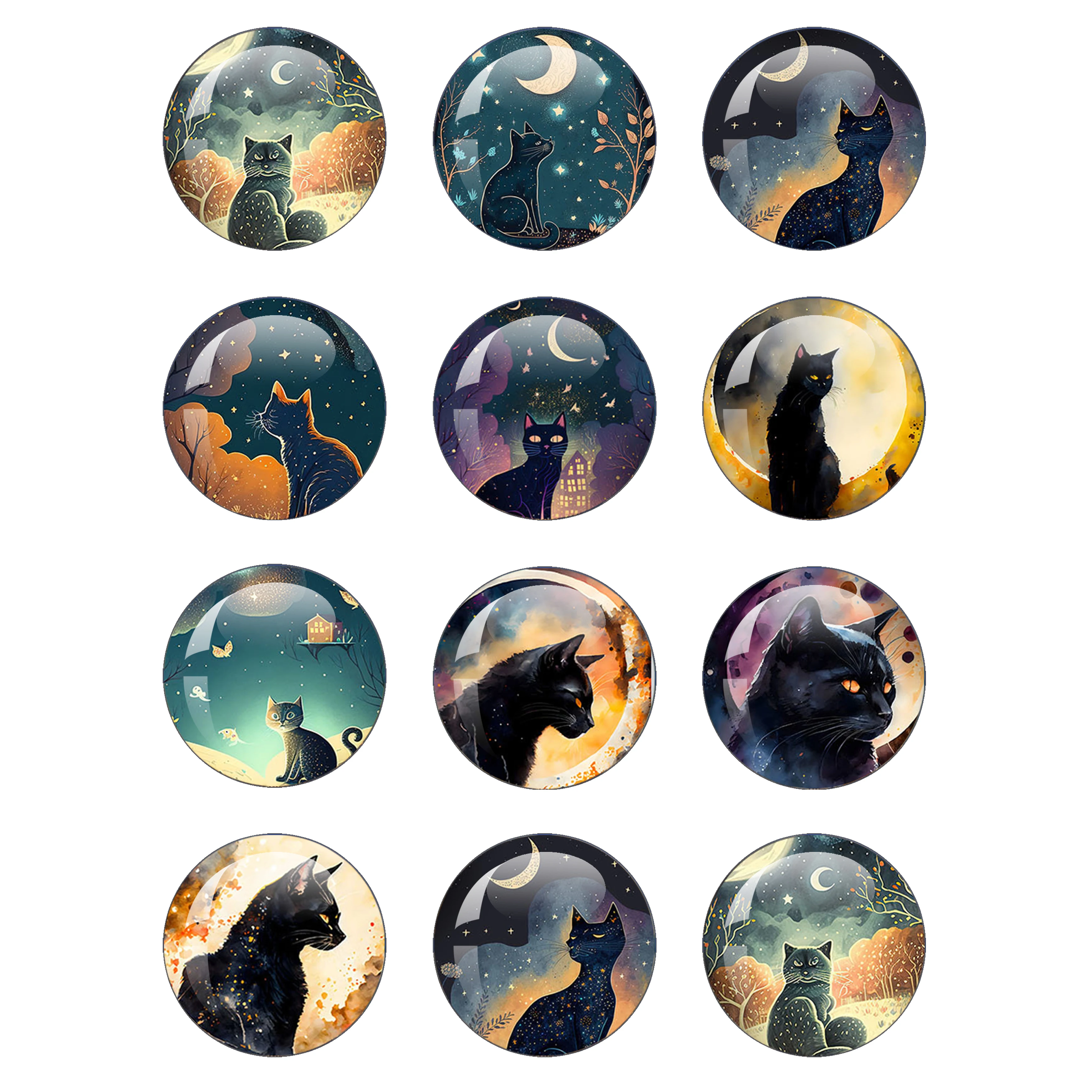 Black Cat Illustration DIY 12pcs a Set 12mm/16mm/18mm/30mm Round Photo Glass Cabochon Demo Flat Back Making Findings