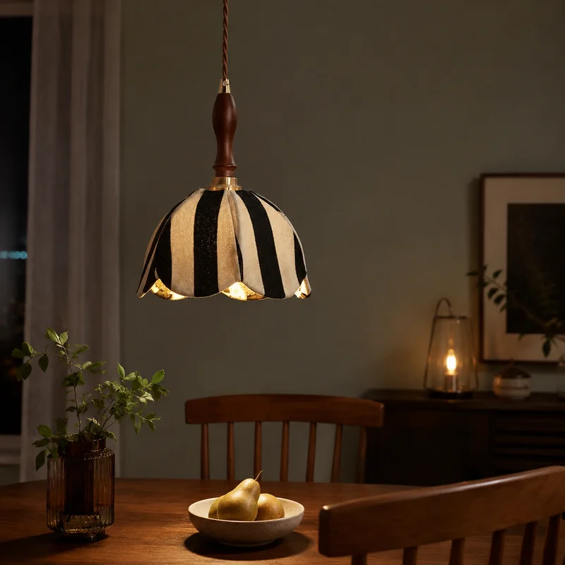 Vintage Fabric Striped Shade Minimalist Design For Kitchen Island Dining Room Decorative Hanging Fixture Indoor Pendant Lamp