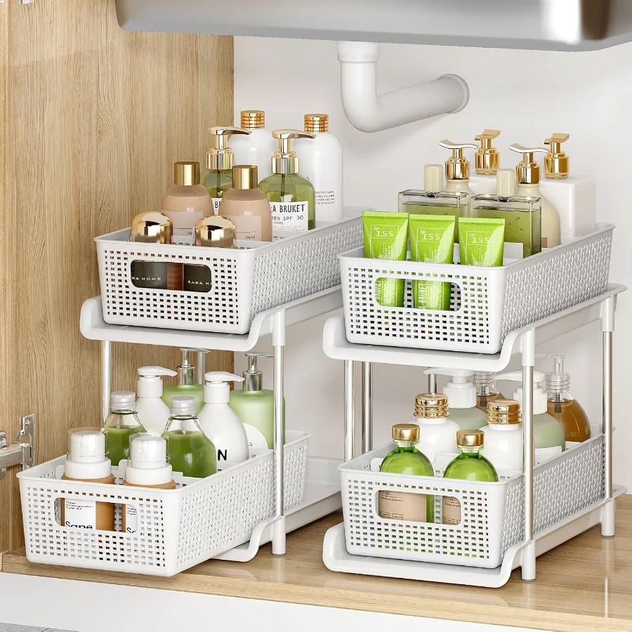 

Bathroom Organizer with Dividers 2Pcs 2 Tier Stackable Under Sink Organizers and Storage Cabinet Organizers for Bathroom Kitche