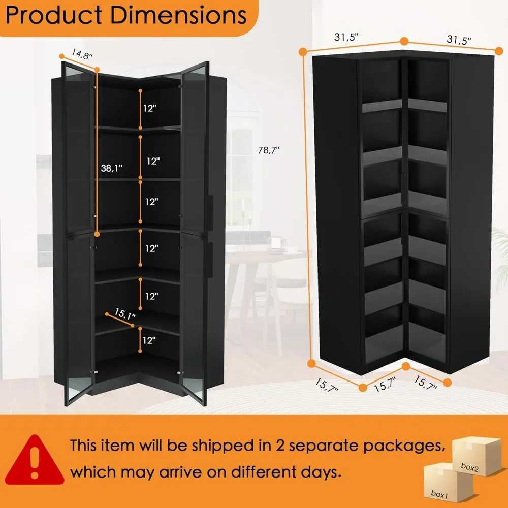 Libreria angolare moderna con ante in vetro: armadio portaoggetti a L, vetrina nera con illuminazione a LED