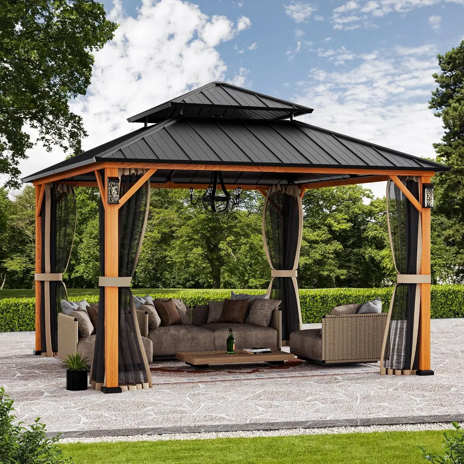 Modern Shade The Horizon Hard Top Gazebo 12' x 12' with 4 LED Lights, Permanent Hardtop Gazebo with Galvanized Steel Double Roof