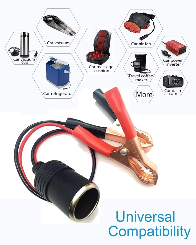 Car Socket Plug Copper Clip To Cigarette Lighter Female Socket 12V 24V Volt 220W 50A Car High Power Pure Copper Battery Adapter