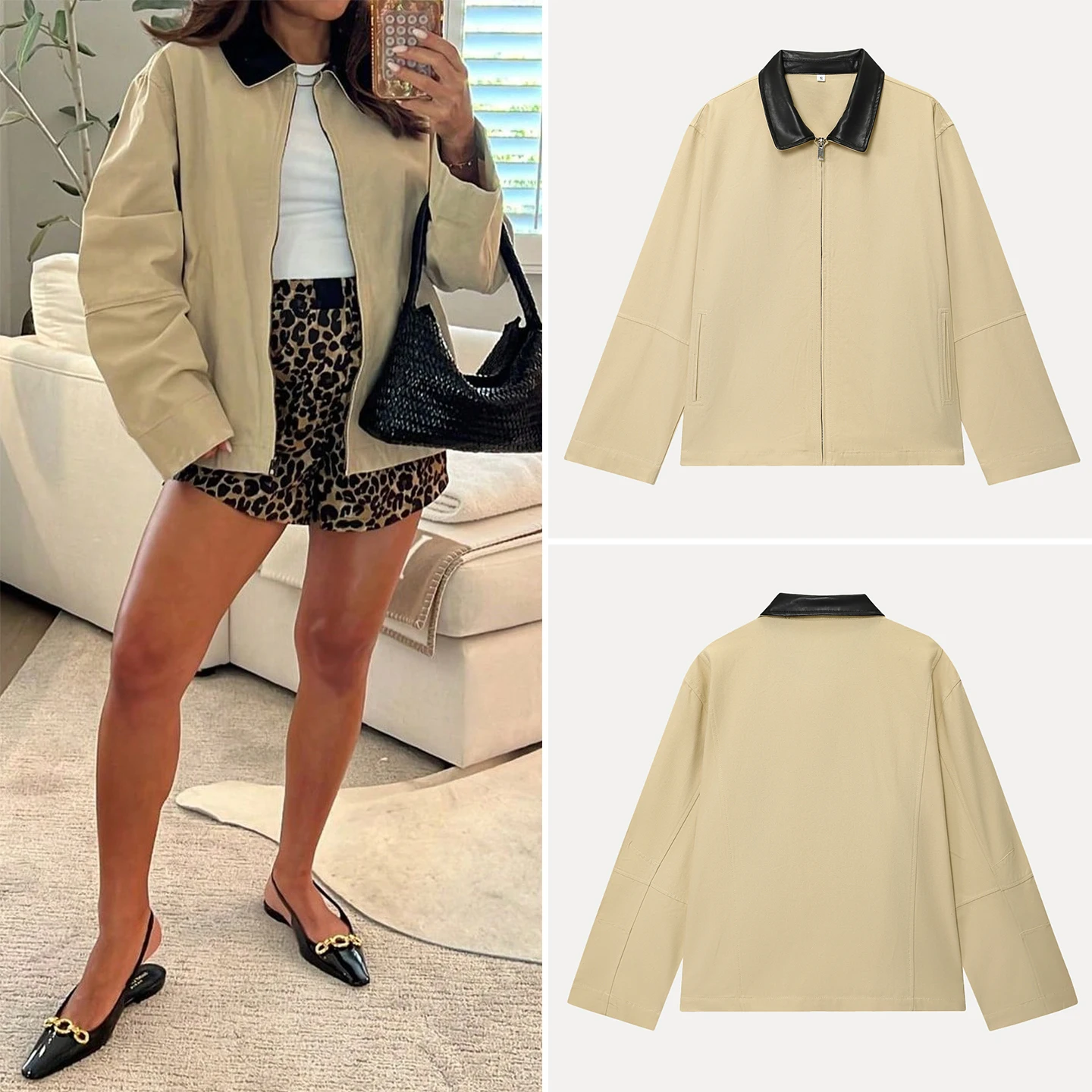 

Sweet Sle Women's Loose Leather Collar Patchwork Jaet Fall 2025 New Arrival Versatile Daily Wear Z Brand