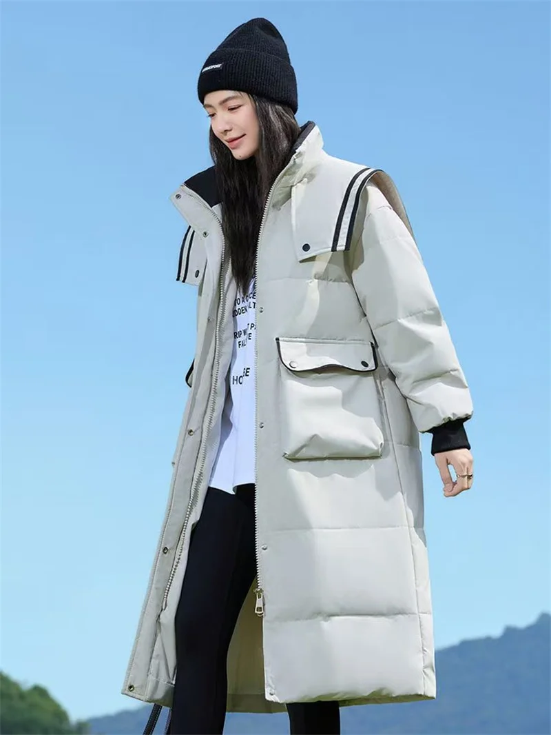 Long Down Jacket Women With Navy Collar Knee Autumn Winter 2024 New Fashion Niche Loose Thickened Fashion Duck Down Jacket Tide