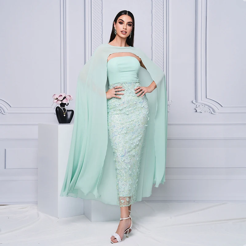 

2024 Women Elegant O neck Shawl Sleeve Green Sequined Muslim Dubai Wedding Cocktail Prom Party Evening Sheath Bodycon Dresses