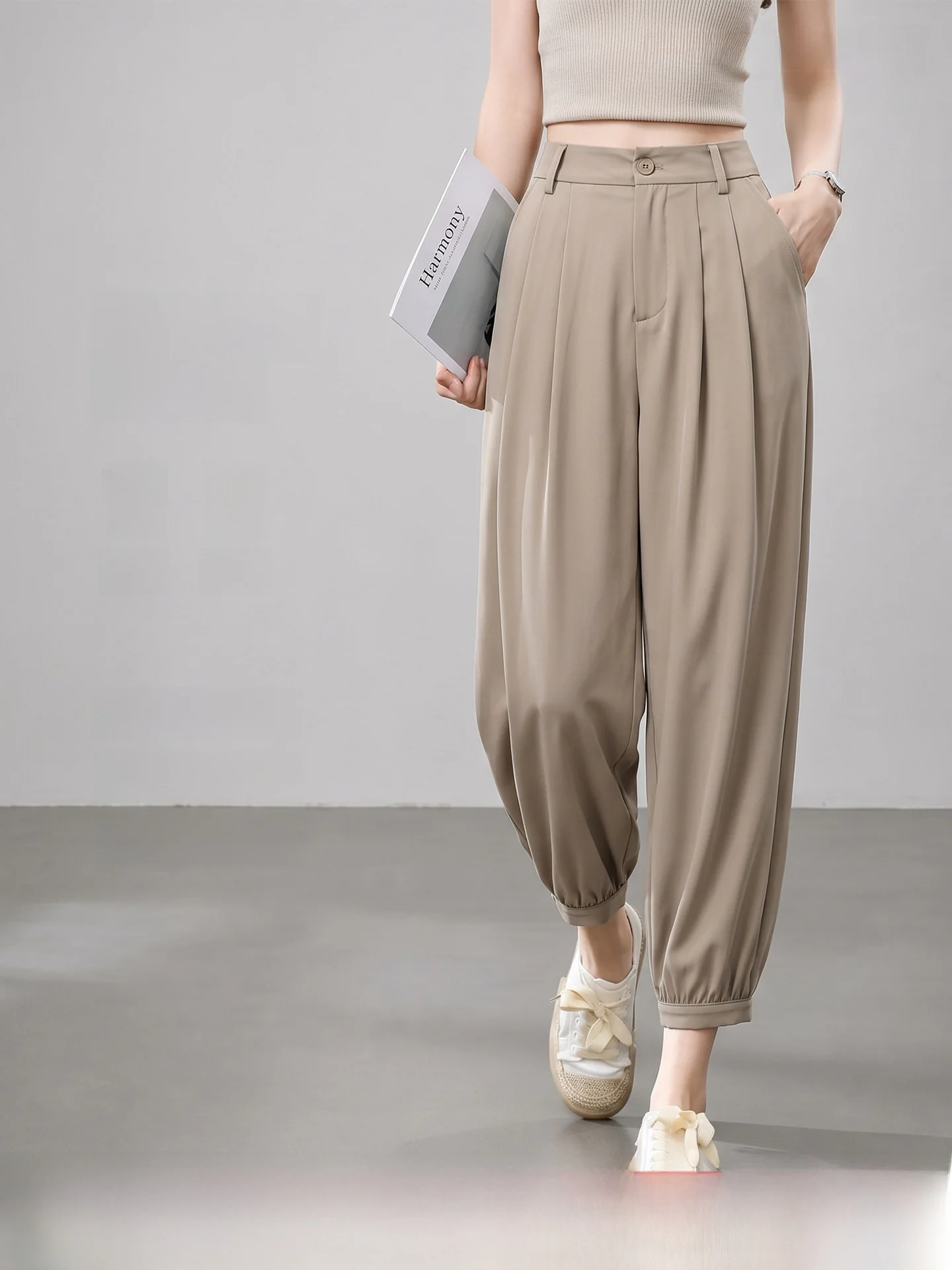 High Waist Cuffed Suit Pants Office Casual Thin Summer Pants UPF50 plus Size Concealing Polyester Spandex Blend KUHNMARVIN