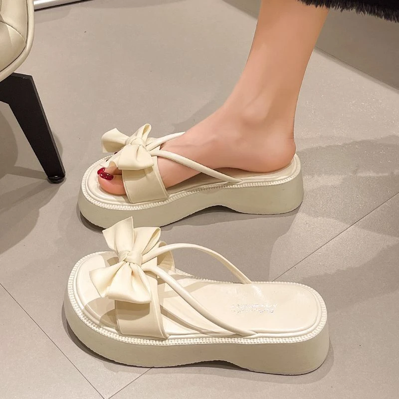 2024 New Summer Roman Comfortable Thick-soled Sandals for Outer Wear Bow-tie Strap Women's Shoes Fish Mouth Mid-heel Sandals