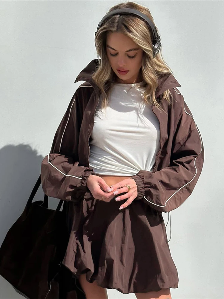 

Whatiwear 2025 Autumn New Style 2 Piece Set Women Casual Sporty Zip Cardigan Full Sleeve Jacket+Elastic Waist Mini Skirt Outfits