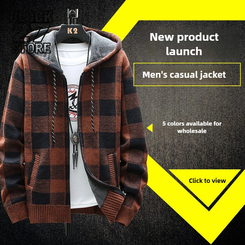 Men's Winter Plaid Hooded Sweater Cardigan Fleece Thick Knitted Jacket Warm Casual Zip Up Harajuku Retro Checkered Coat Autumn