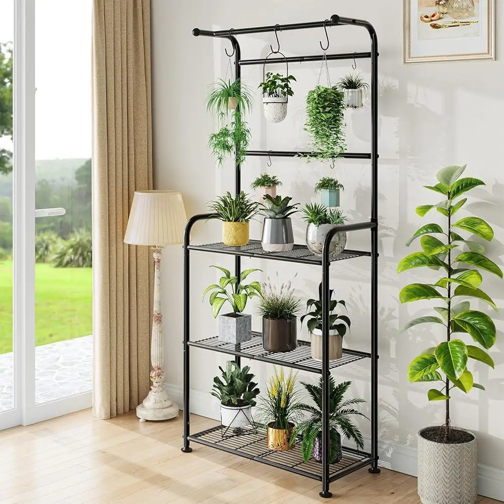 Heavy Duty Metal Plant Stand Indoor Outdoor 3 Tiered Tall Shelf Flower Planter Rack Adjustable Feet Hooks Storage Organizer