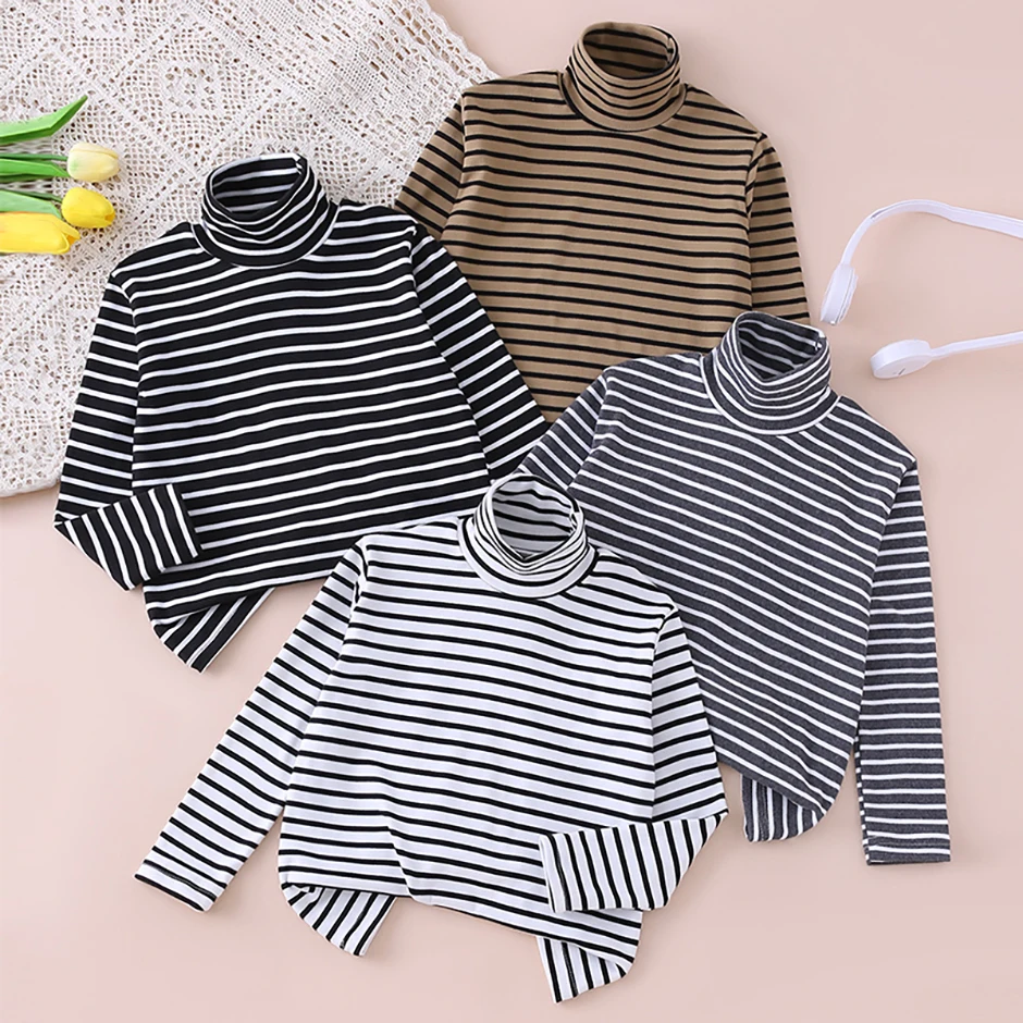 Children's Autumn/Winter Warm Long Sleeved Top With Striped High Collar Fashionable Thick Comfortable Sweat Absorbing And Casual