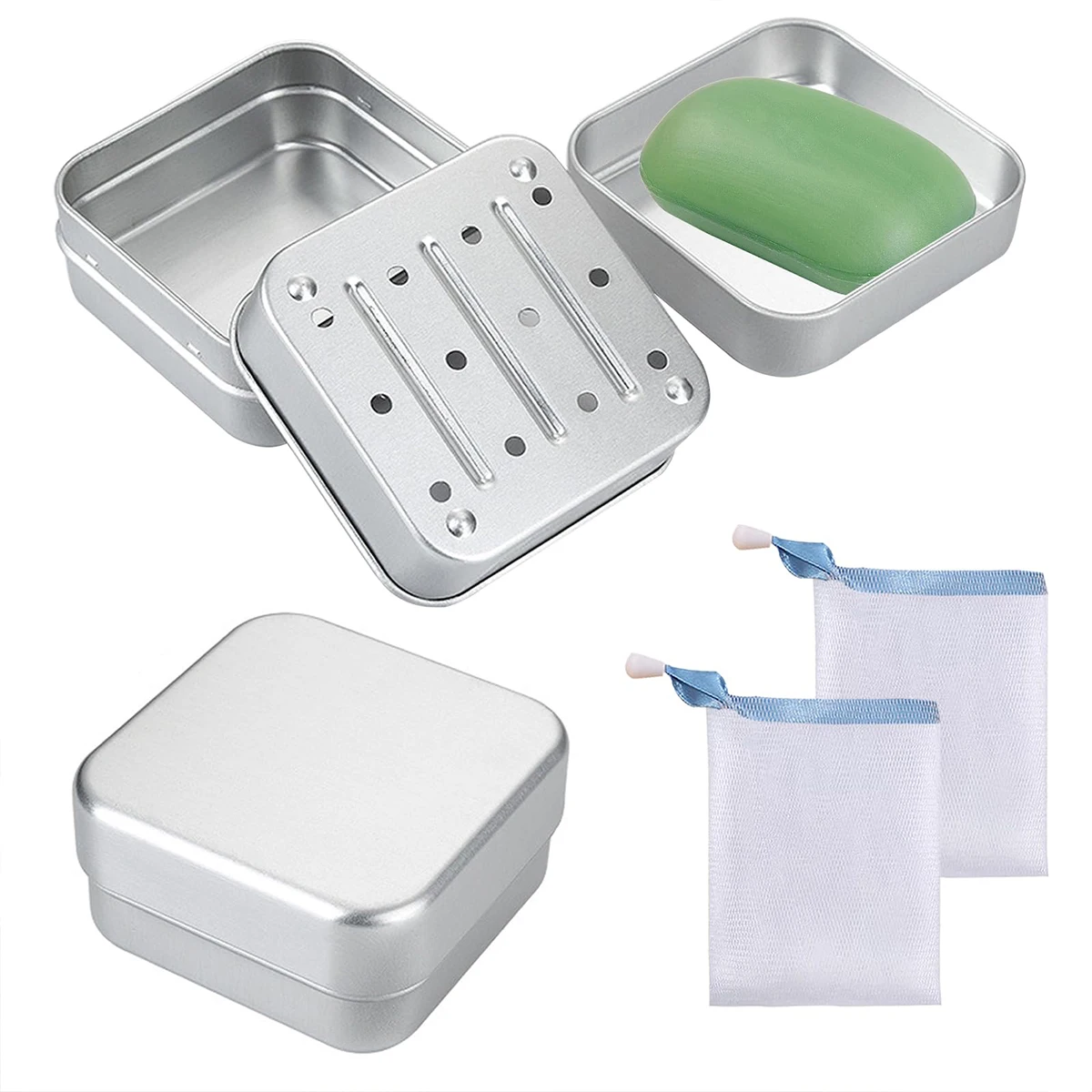 Light Aluminium Soap Boxes with Lid And Removable Draining Rack Holder Container Tin Can Storage for Home Or Travel