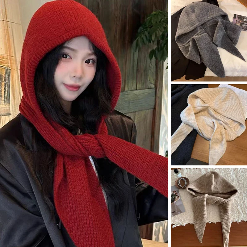Fall Winter Ladies Knitted Hood Scarf Integrated Hat Soft Neck Cover Stylish Accessory For Commute Shopping Xmas Present