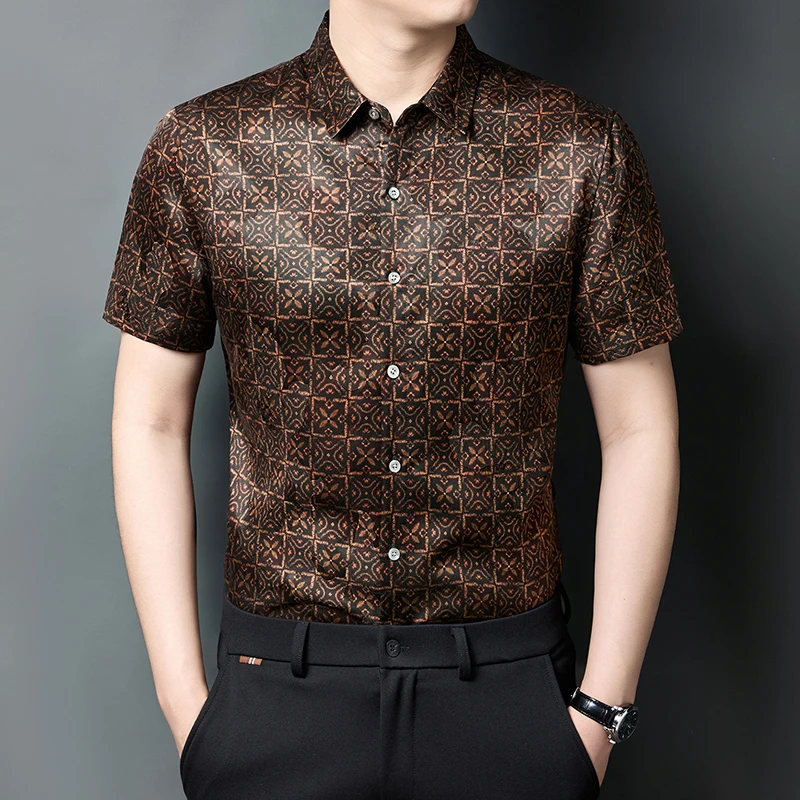 

HT1206 Skin-Friendly Silk 100% Shirts For Men Short Sleeve Trendy Summer Quality Gambiered Canton Gauze Casual Camisas De Hombre