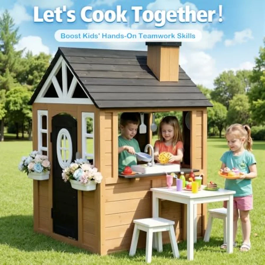 Outdoor Playhouse: Cedar Wood, Brown, 9-in-1 Design with Kitchen Set, Snack Bar, Dog Door, Working Doorbell, Toy Phone, Blackbo