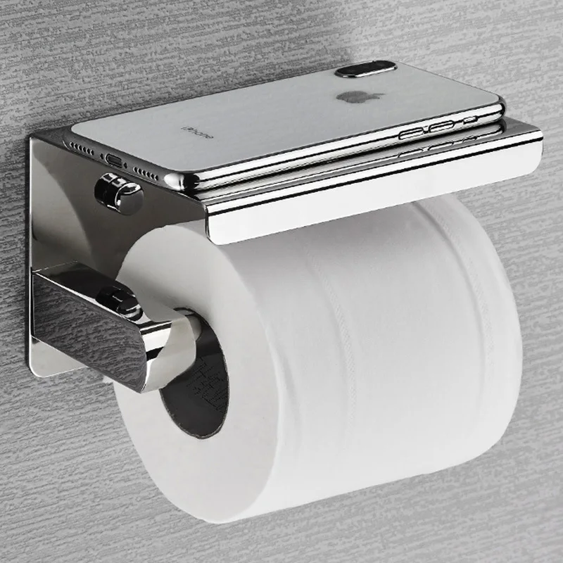 Stainless Steel Household Punch-free Toilet Paper Roll Holder Bathroom Wall Mount Mobile Phone Storage Rack Tissue Box