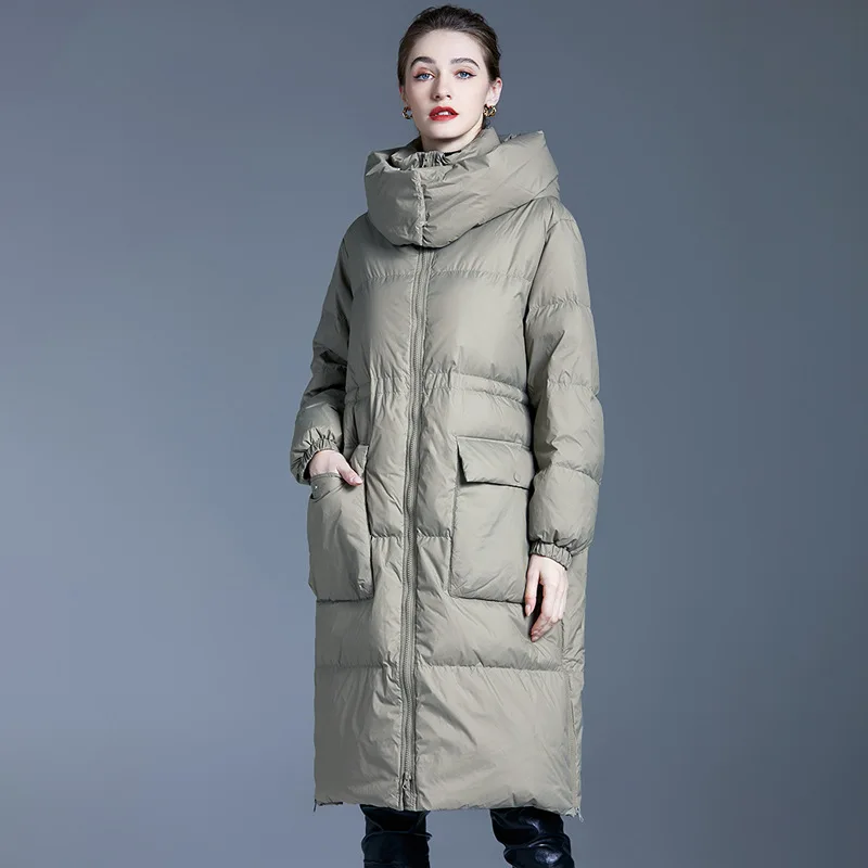 Winter White Duck Down Coat Women\'s New Casual Long Knee Thickened Bread Coat Detachable Hat Down Coat Women\'s Winter Wear 2023